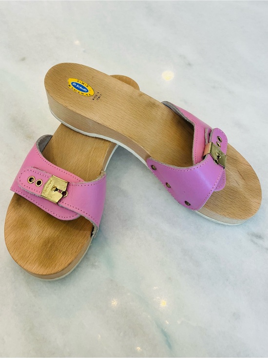 Dr. Scholl's Shoes - Vintage Dr. Scholl's Original Wood Exercise Pink Leather Slide Sandals Size 8